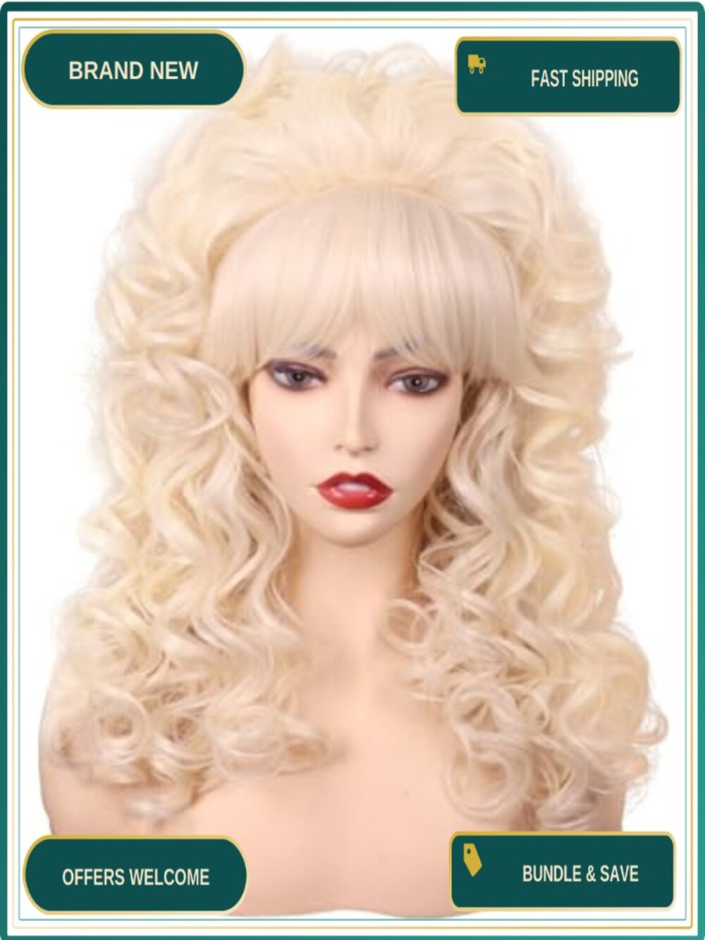 Long Curly Blonde Wig with Bangs Vintage Costume Cosplay Women